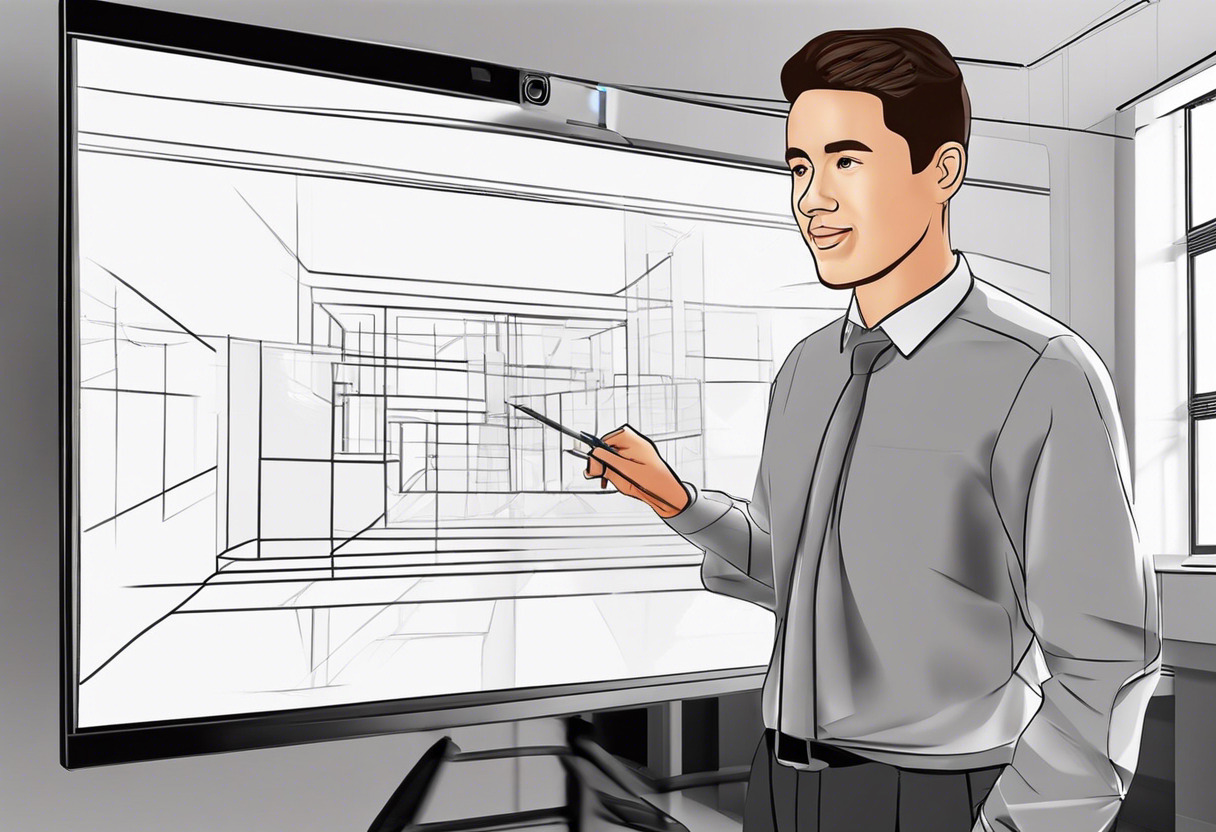 Educator demonstrating 3D model solution on a smart board in classroom.