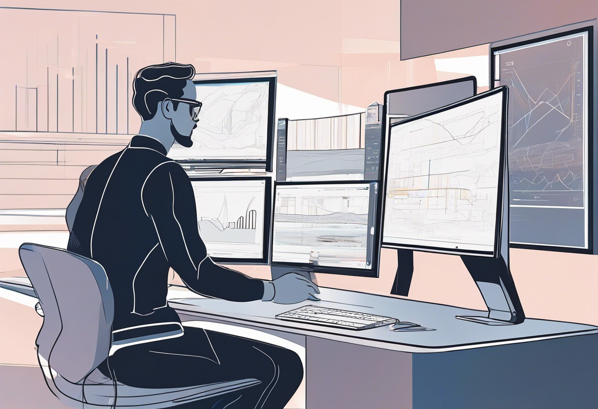 Enterprise developer analyzing augmented reality interfaces on a split-screen monitor