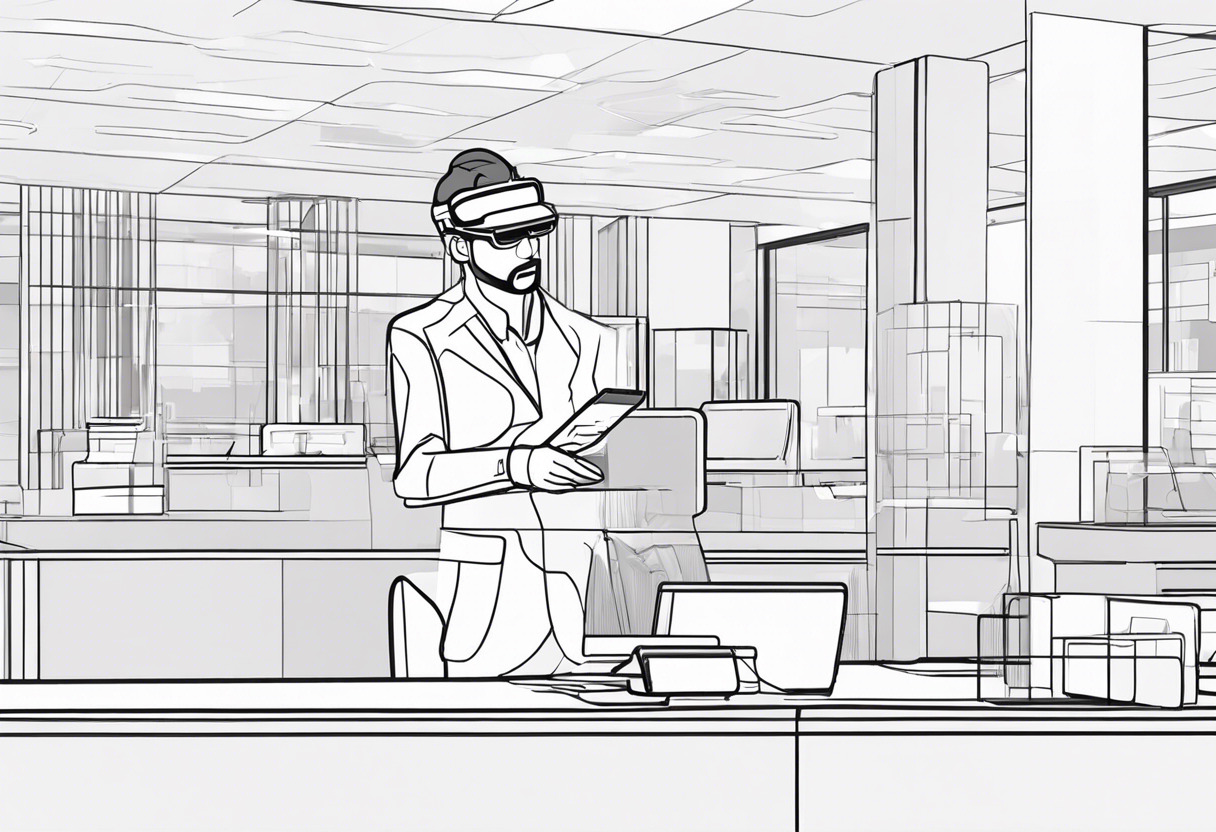Enterprise manager scrutinizing data on a HoloLens 2 at a modern office