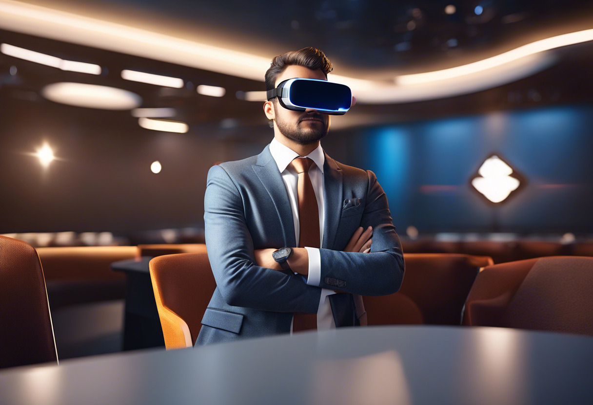 Enterprise user, wearing formal attire, immersed in a VR conference