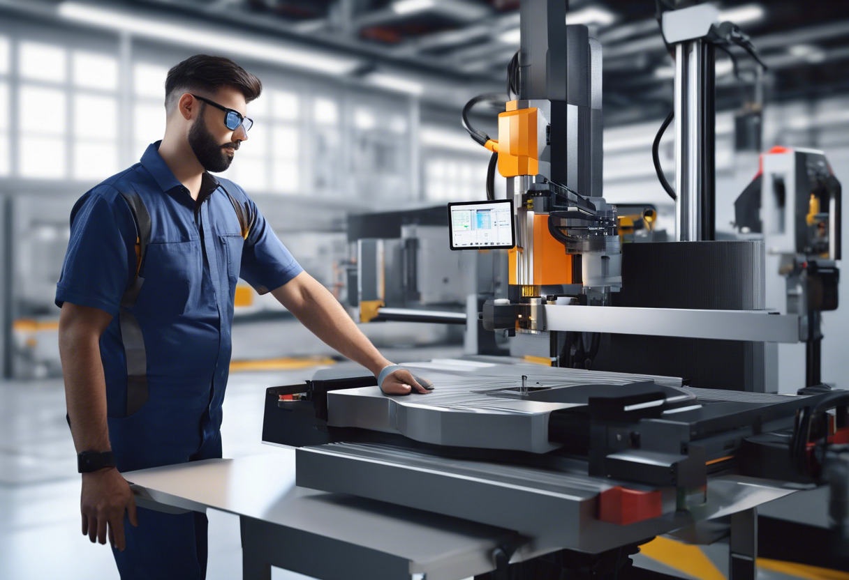 Factory worker monitoring a CNC machine guided by CAD/CAM software