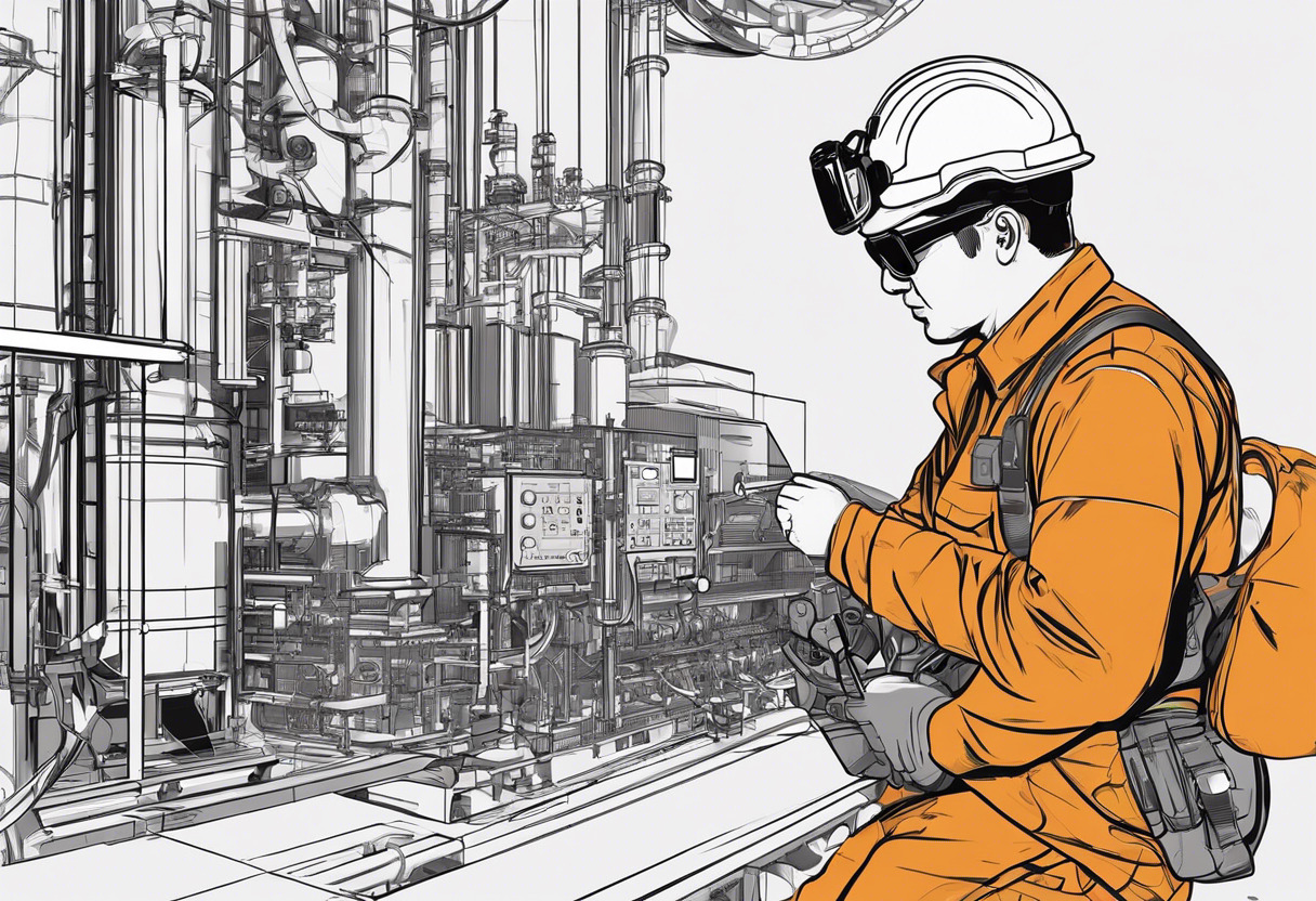 Field serviceman wearing RealWear HMT-1, repairing equipment in a power plant, with technical diagrams visualized in his field of view