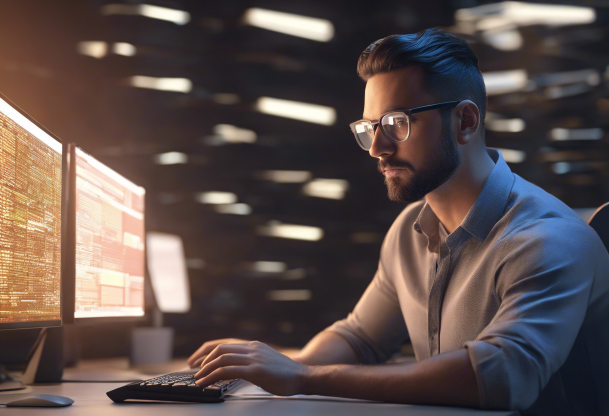 Focused developer scrutinizing code while creating an application on a three-screen workstation