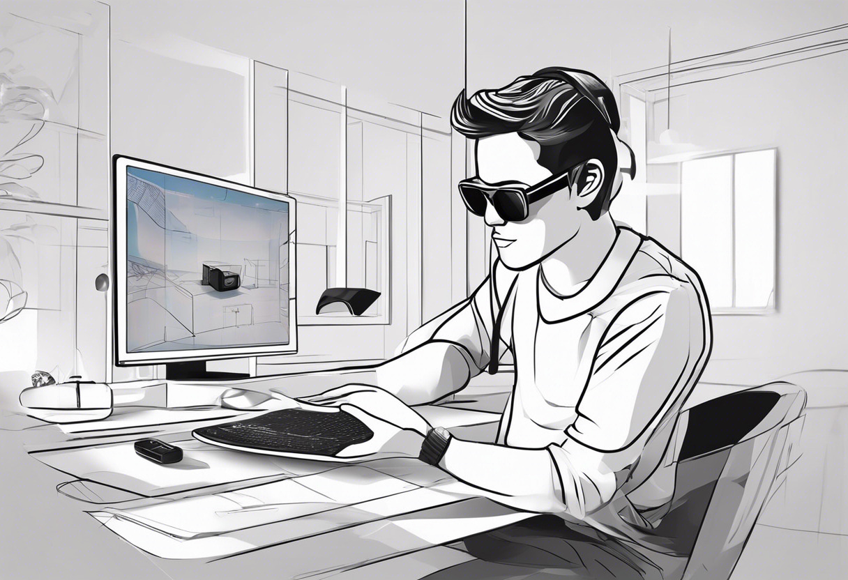 Game creator developing a new game, using Rokid Max AR glasses, enjoying the immersive gaming experience.