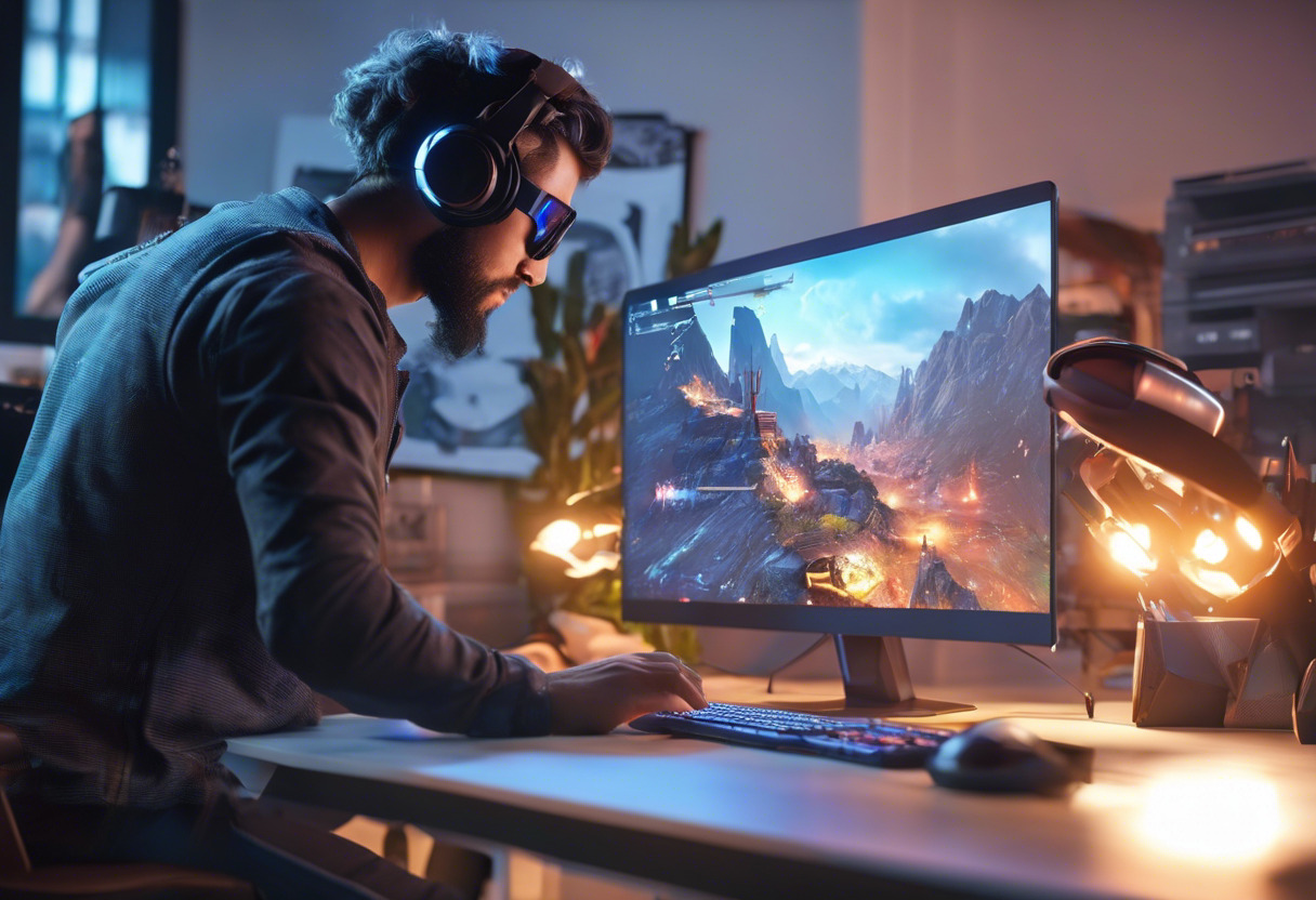 Game creator developing an augmented reality game on a powerful gaming PC