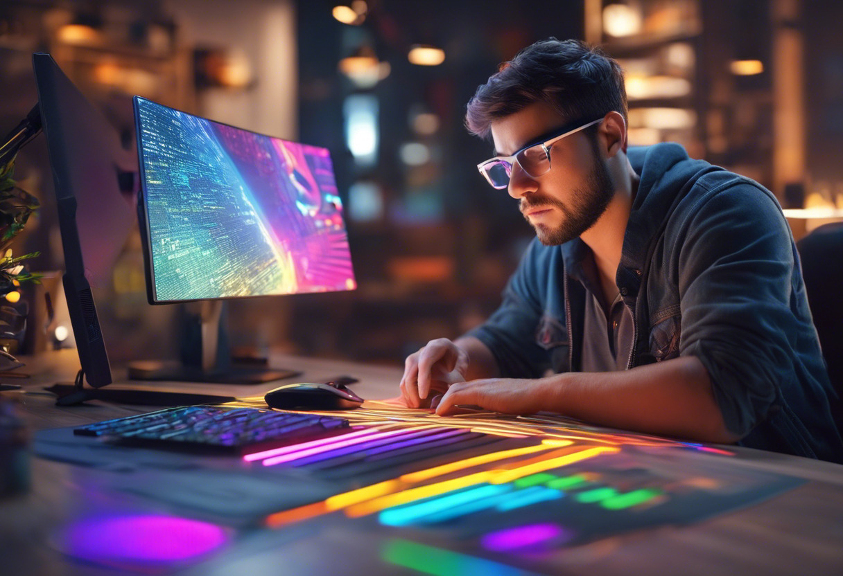 Game developer intently debugging AR code on a multicolor illuminated desk