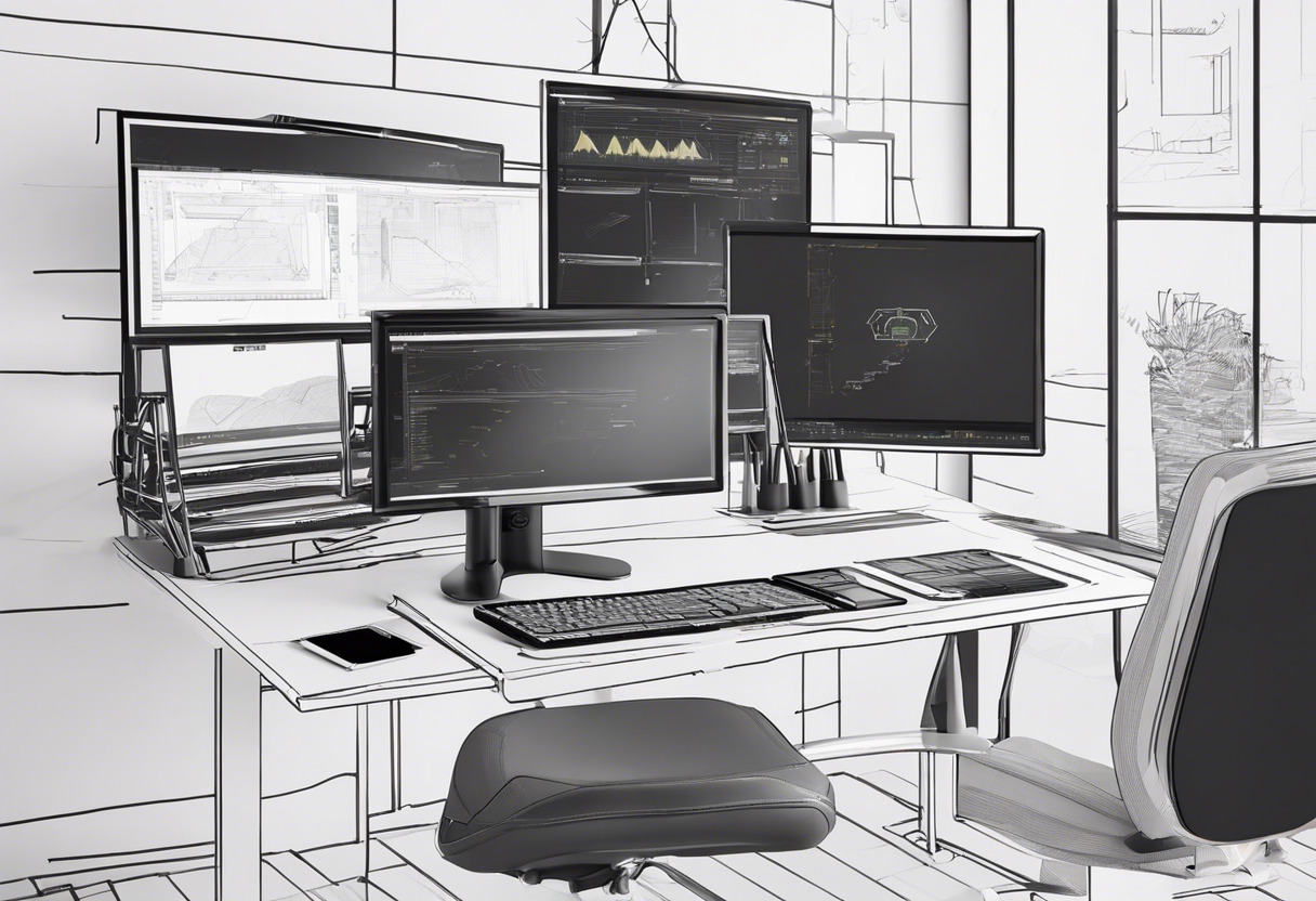 game developer using Marmoset Toolbag on multiple monitors