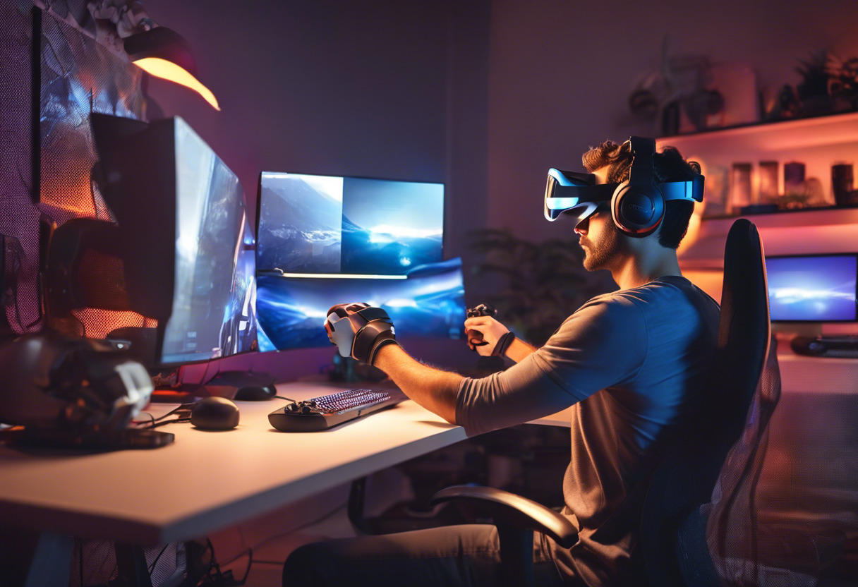 Game developer with VR headset, holding the game controllers engaged in content creation at his workstation