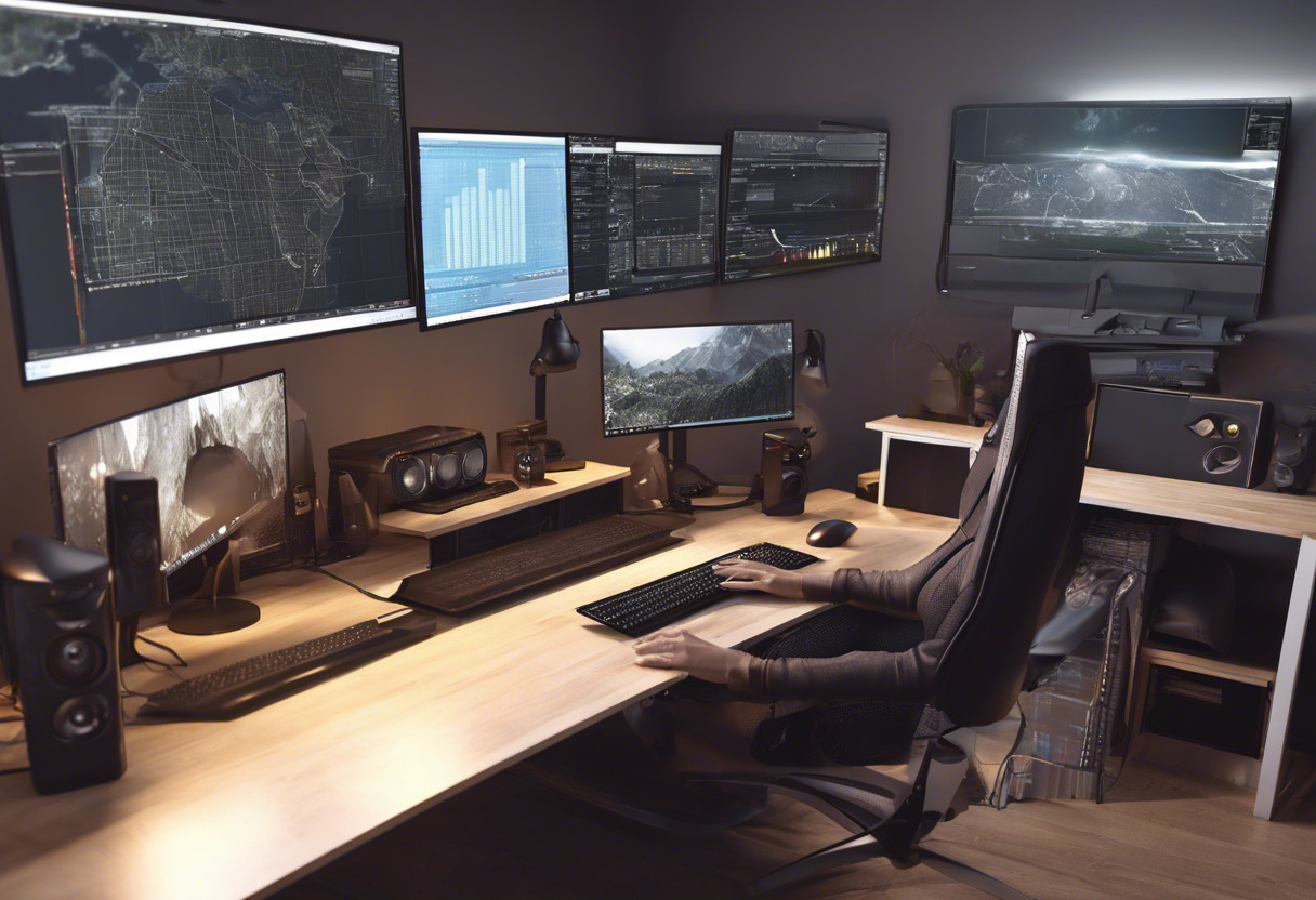 Game developer working on a texture map on multiple monitors