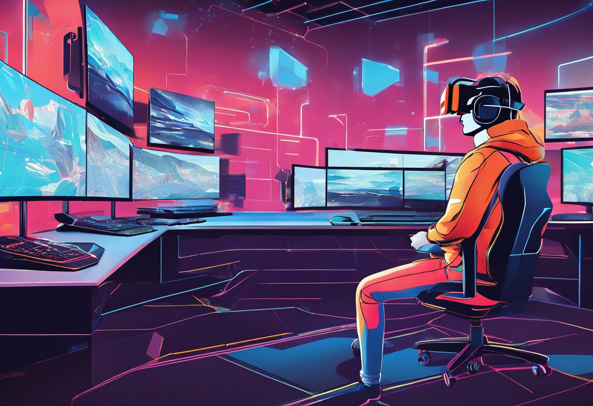 Game developer working on an immersive virtual reality game using OpenXR at a high-performance workstation, featuring multiple monitors displaying vibrant 3D environments.