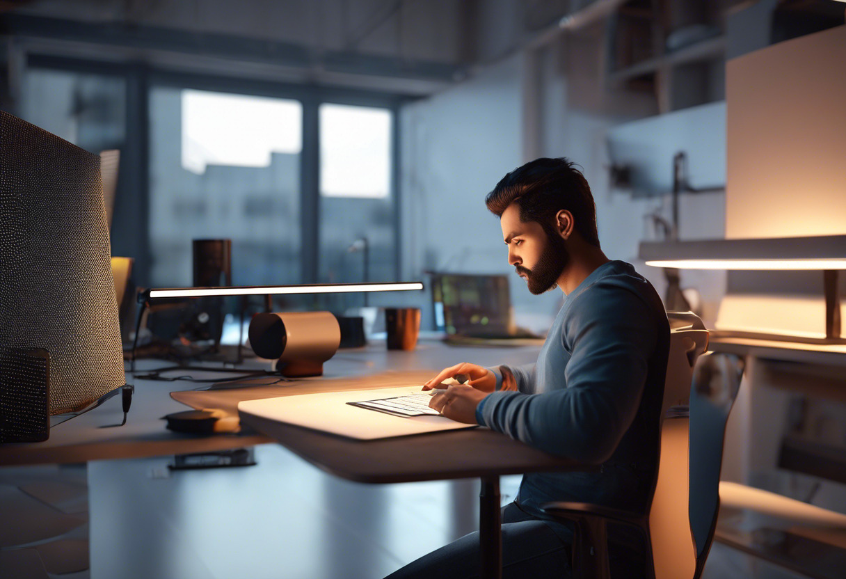 Game developer working on graphic designs in a well-lit tech studio.