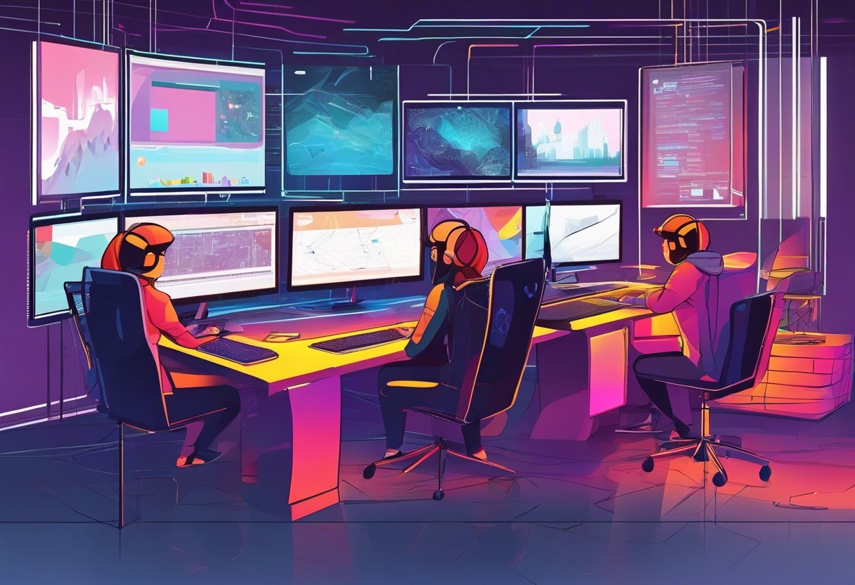 Game developers deeply engrossed in coding a new 3D game, surrounded by multiple screens displaying vivid graphics.