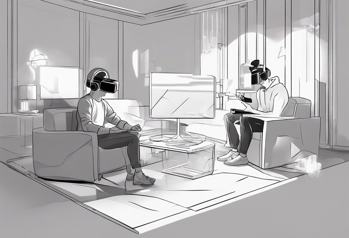 Gamer engrossed in a VR game while a movie enthusiast watches a hologram