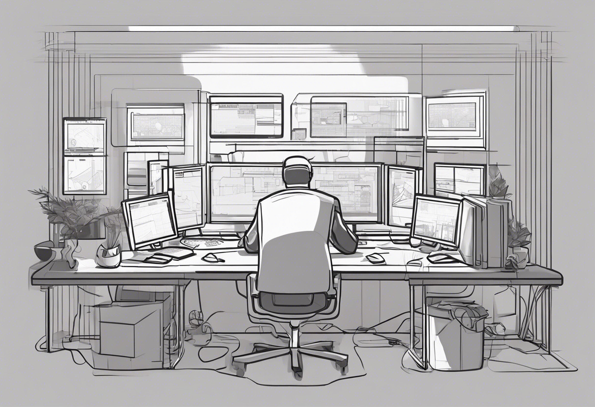 Hard-working game developer, surrounded by multiple screens, intently working in ZBrush