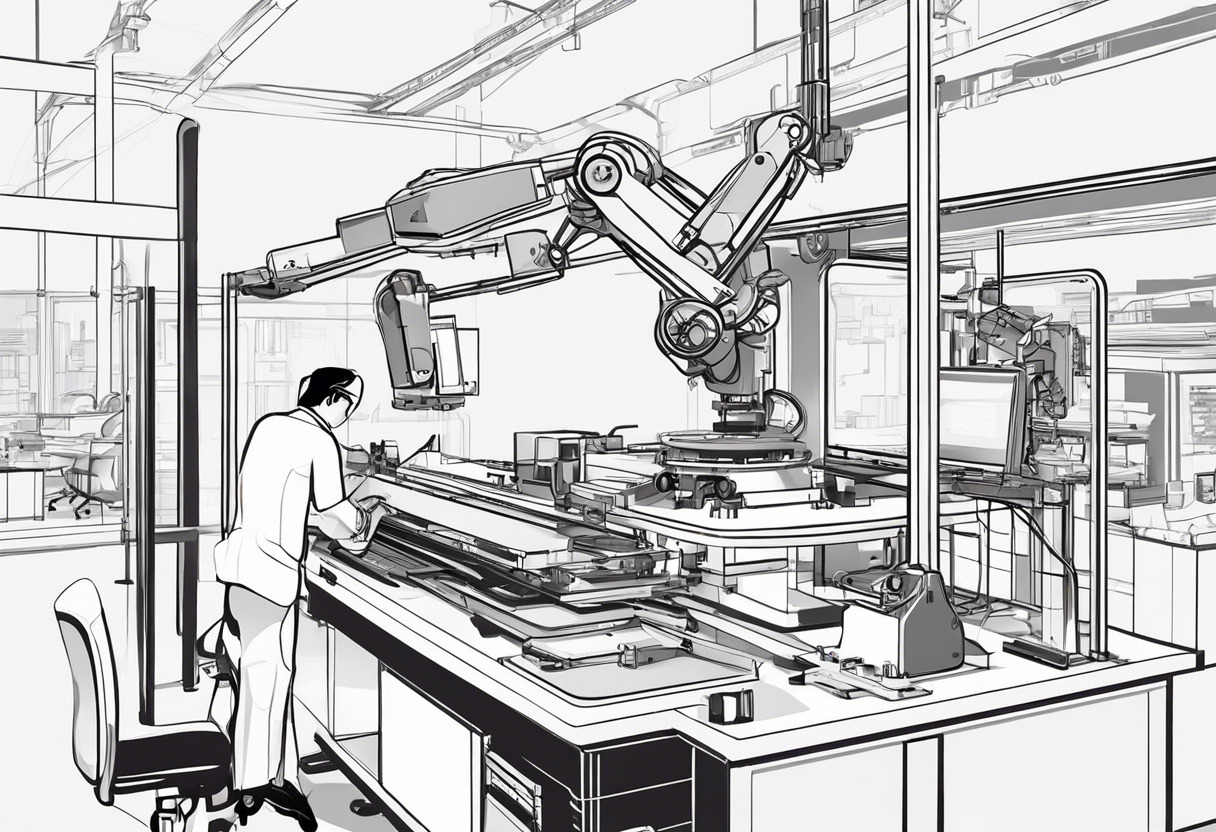 Industrial automation expert, fine-tuning a robotic arm at a factory workstation, with complex, automated machinery in the background.