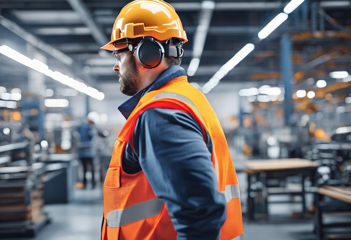 Industrial worker wearing AR headset interacting with a Vuforia interface on a factory floor