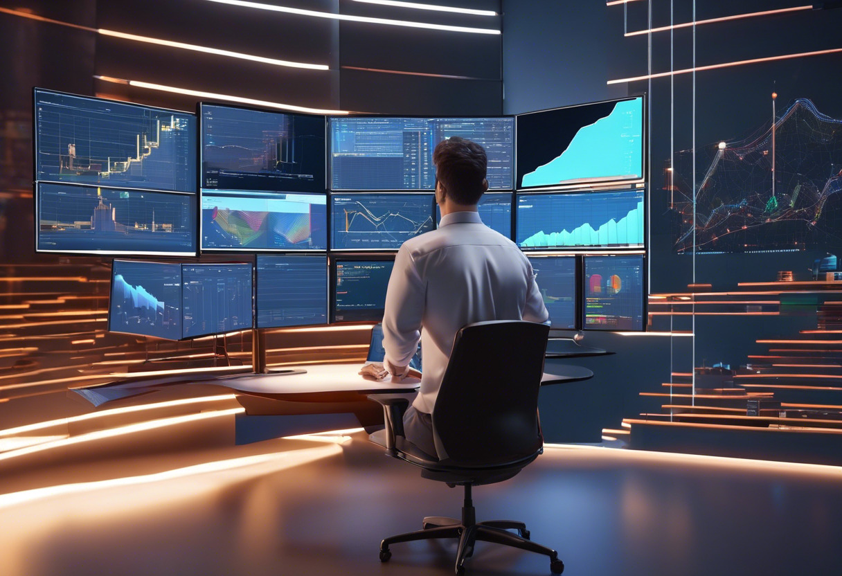 Investor analyzing data charts of Decentraland and Meta on multiple screens