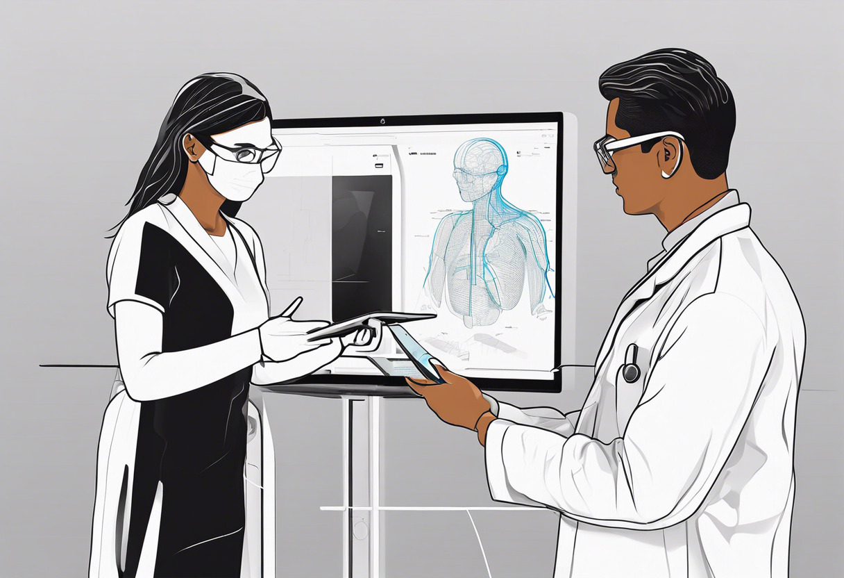 Medical professional using AR technology to interpret an interactive 3D simulation of human anatomy