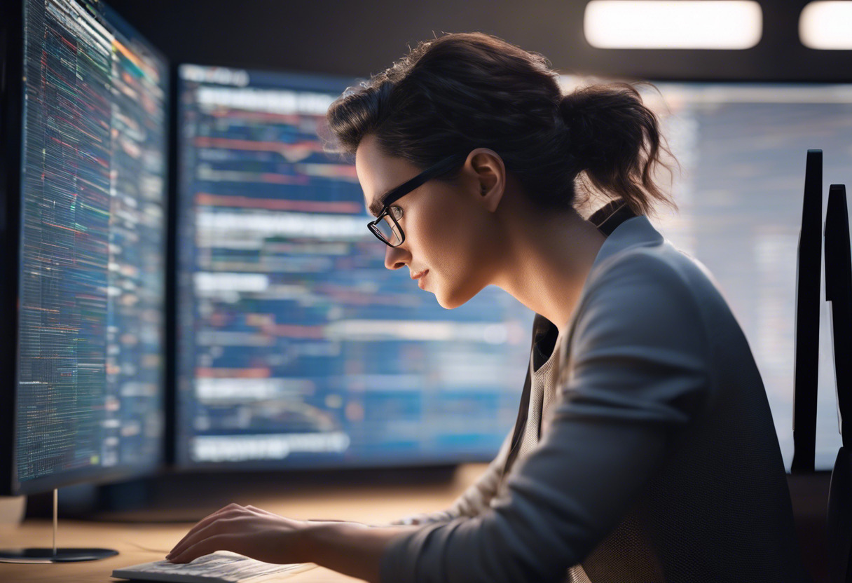 Mobile app developer, with dark hair and glasses, examining lines of code for cross-platform software compatibility, while considering pricing strategies