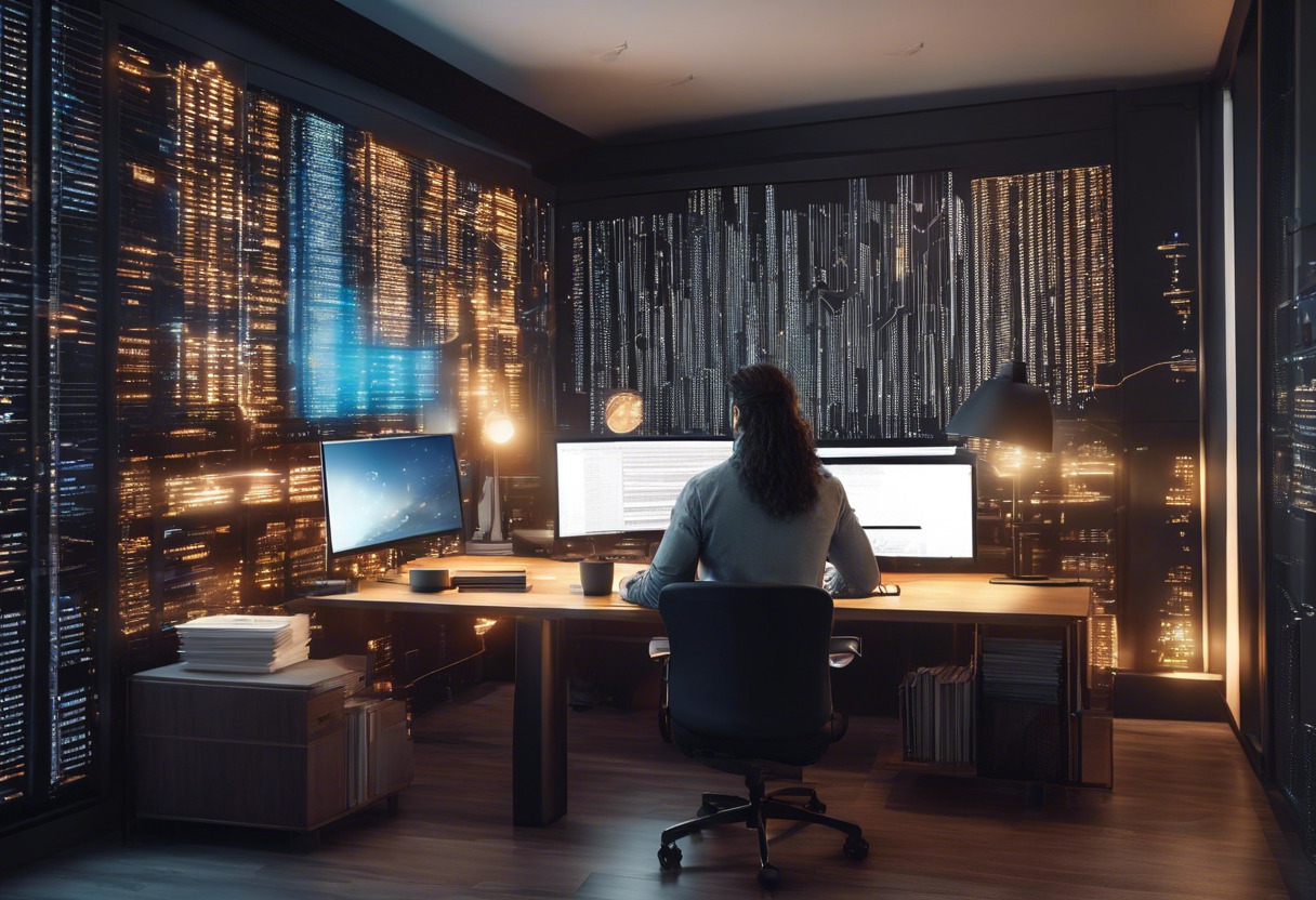 Multifaceted developer with long hair and a calm demeanor, working on data visualization code on a massive dual-monitor setup, surrounded by books and notes.