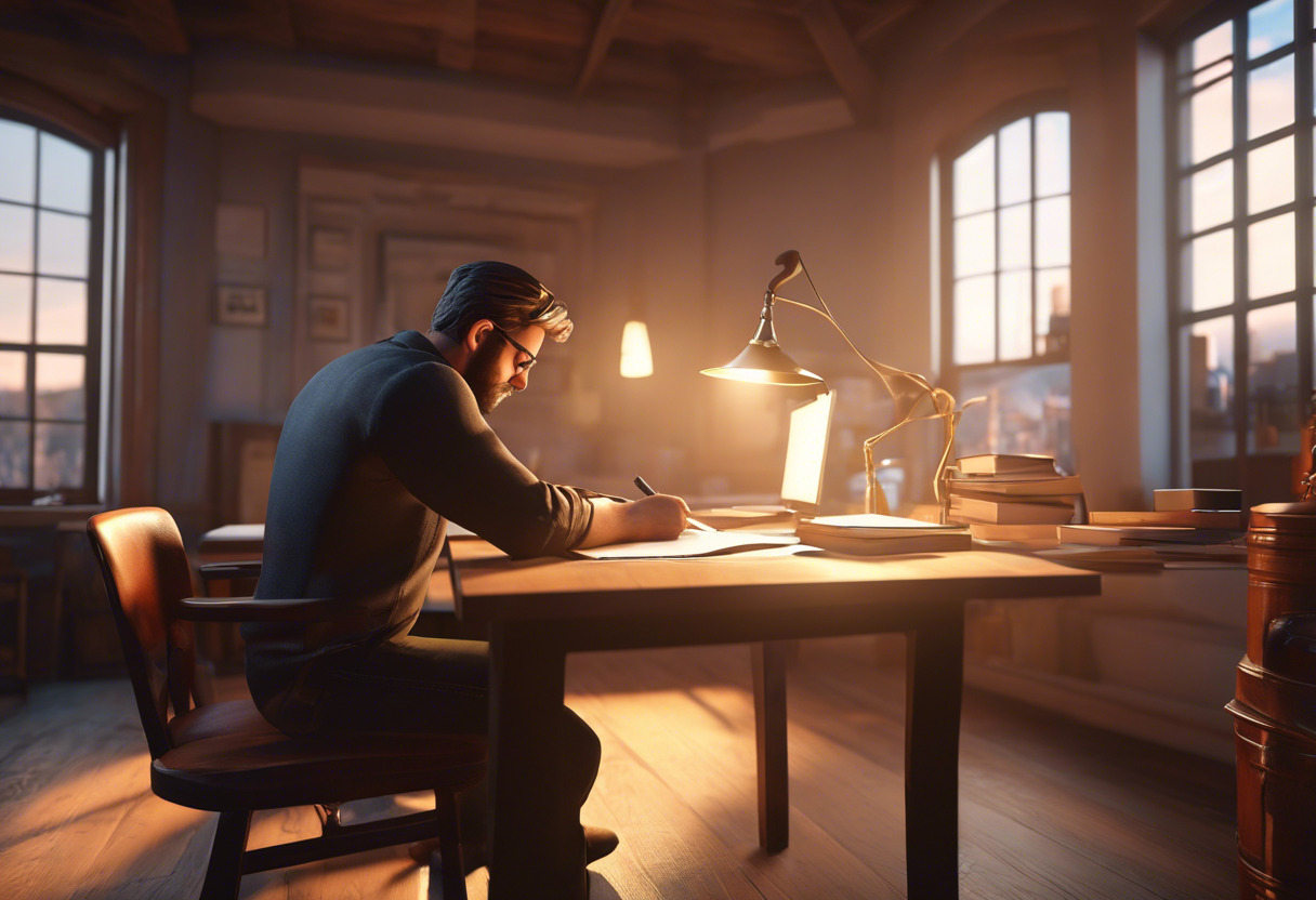 Narrative writer at a desk, drafting a game storyline