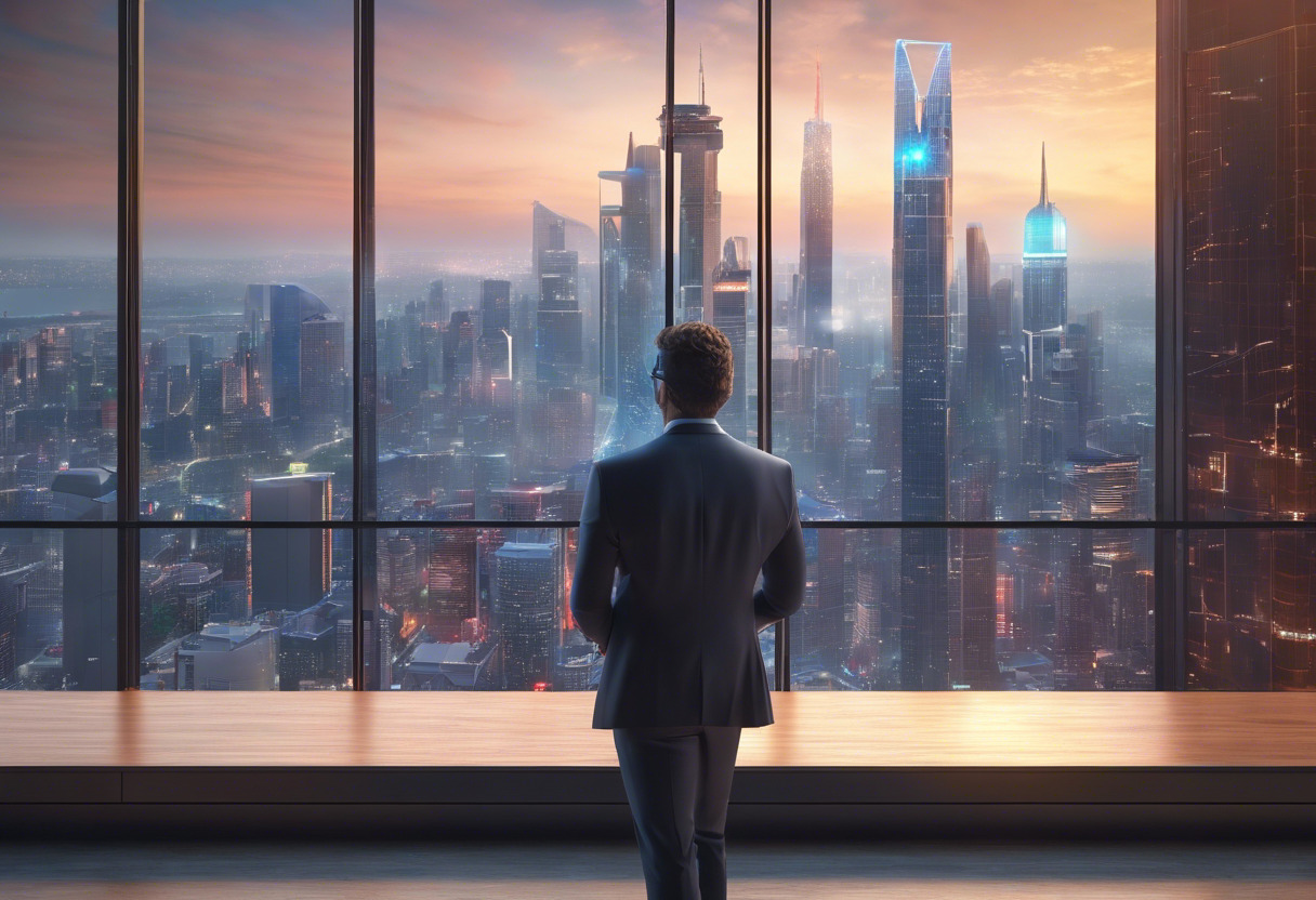 Professional corporate executive contemplating on a futuristic HoloLens 2 against the city skyline backdrop