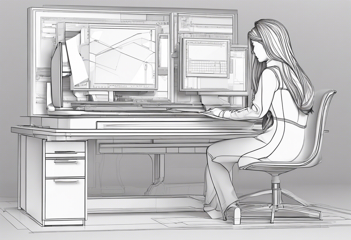 Professional woman sitting at a high-tech workstation, thoroughly engrossed in creating detailed 3D models on the Autodesk Maya platform
