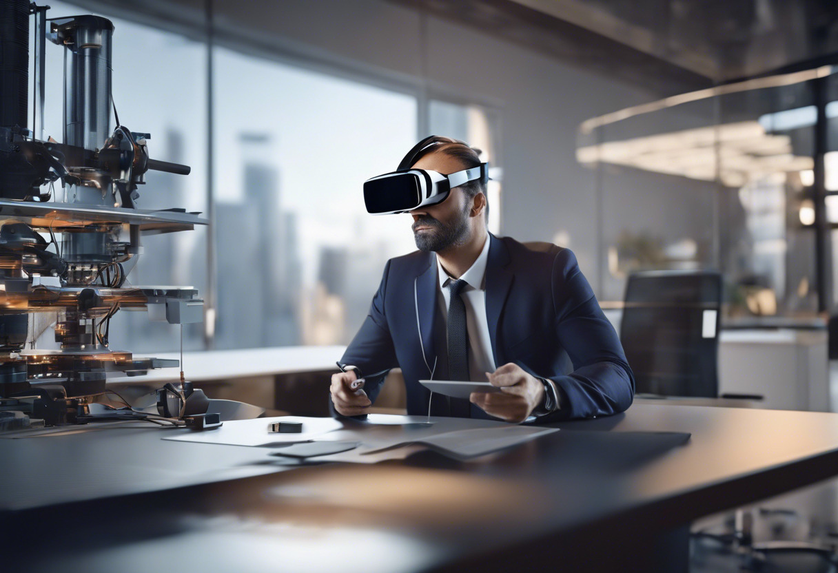 Prominent industrialist analyzing complex machinery prototype wearing Varjo VR headset from a glass-walled office