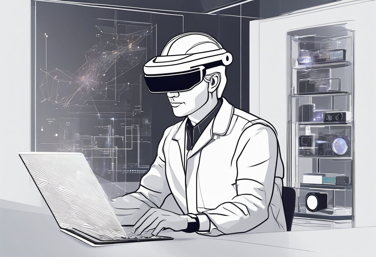 Scientist wearing HoloLens 2, visualizing projected images in an augmented reality lab, interacting with holograms