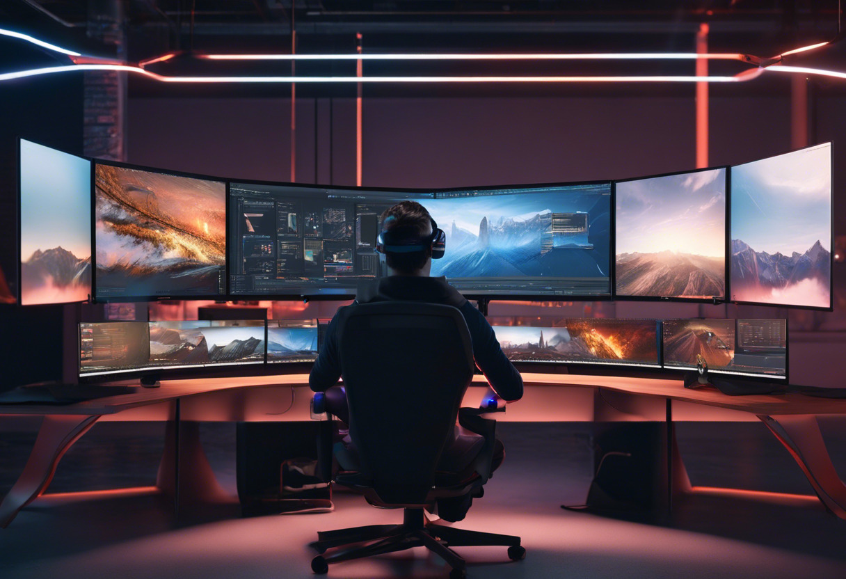 Software developer working on a complex VR game project, surrounded by multiple monitors with Substance 3D Designer interface