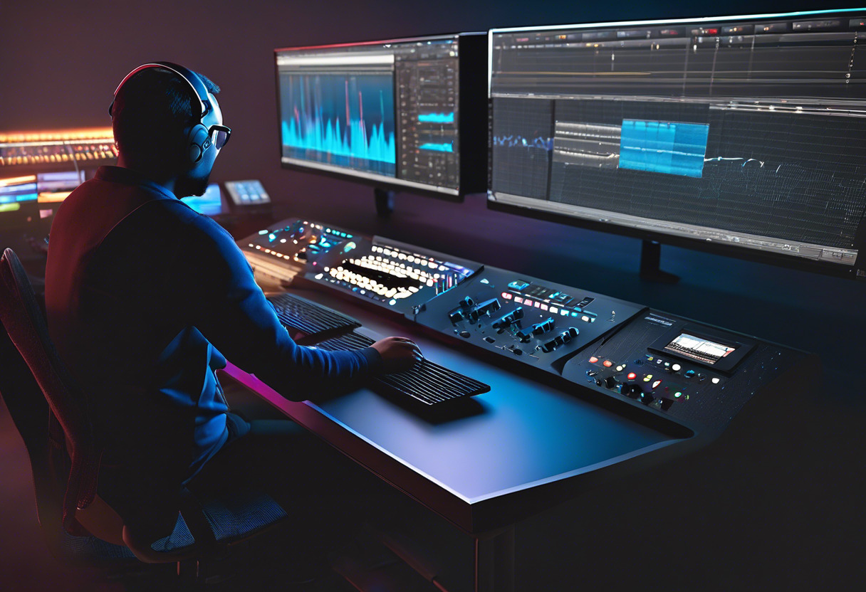 Sound designer, hands on the QLab console, perfecting the audio cues for a live show