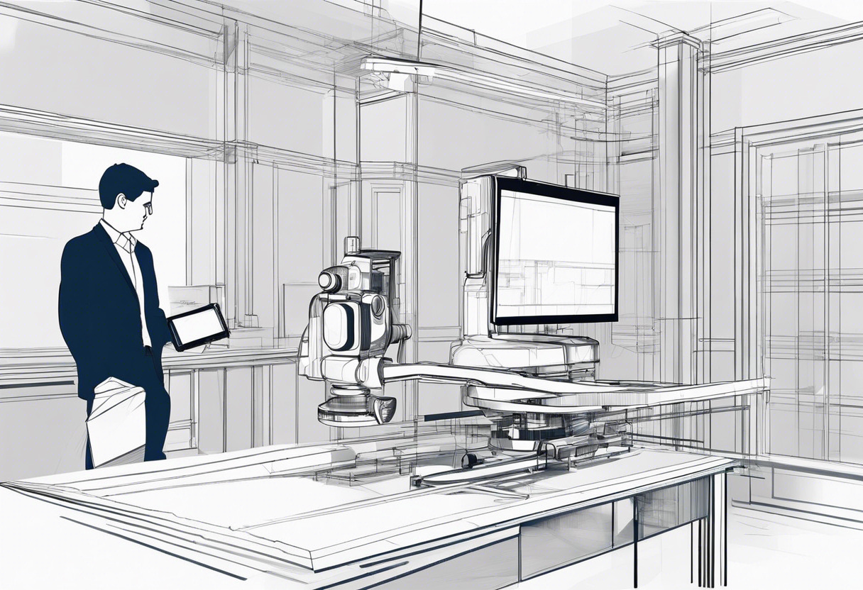 Surveyor setting up 3D scanner in building blueprints