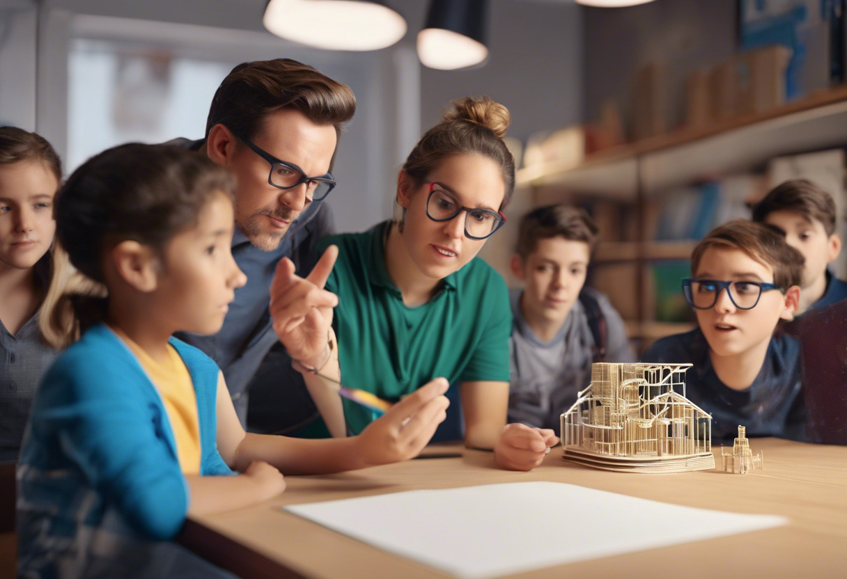 Teacher explaining 3D design on Tinkercad to a group of curious students