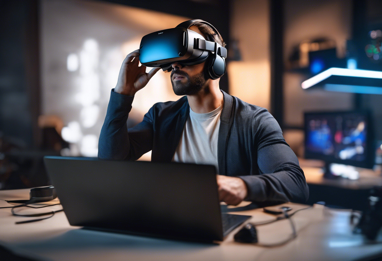 tech enthusiast holding a VR headset and using a computer.