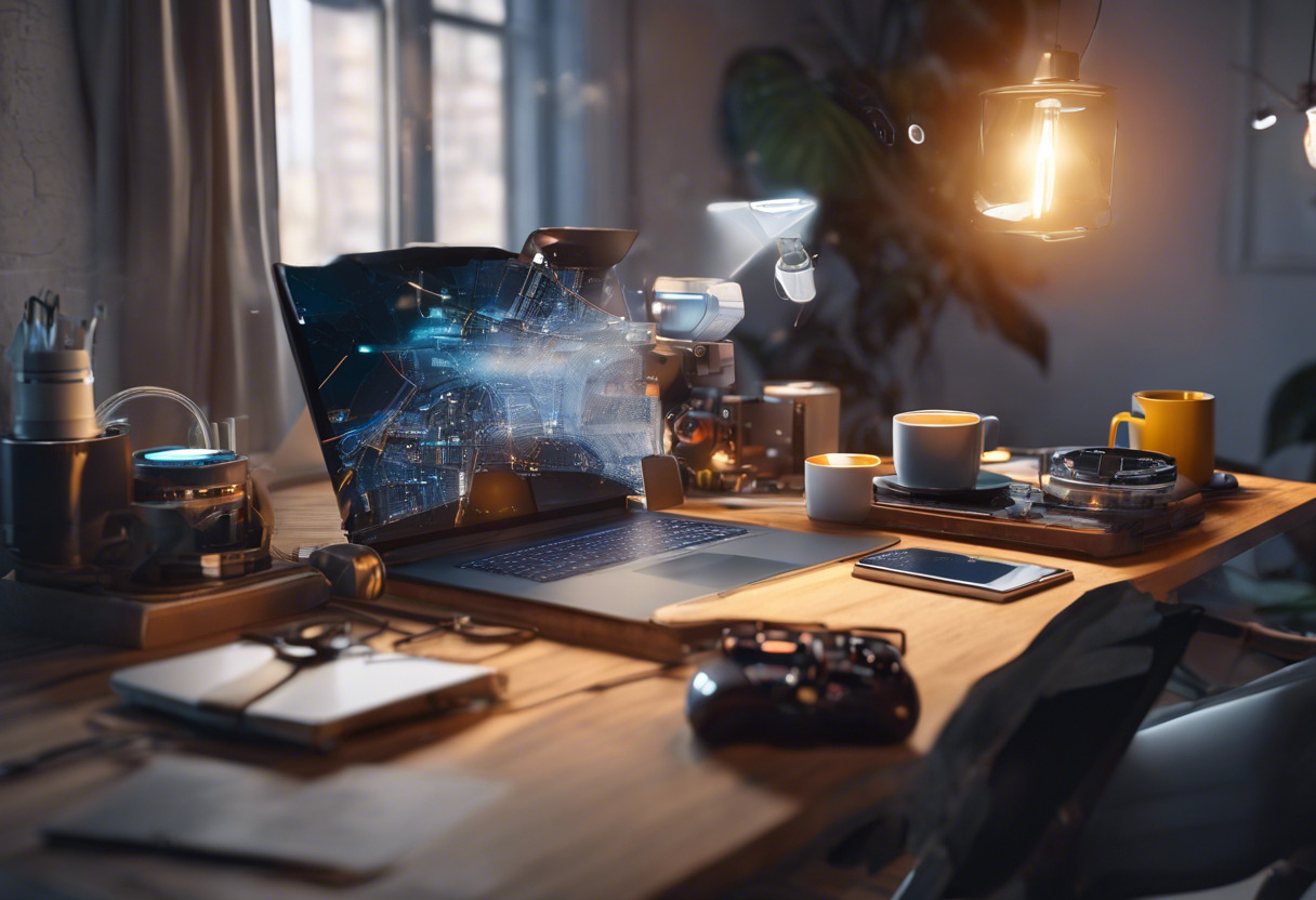 Tech enthusiast tinkering with photogrammetry software on a laptop, surrounded by tech gadgets and coffee mugs.