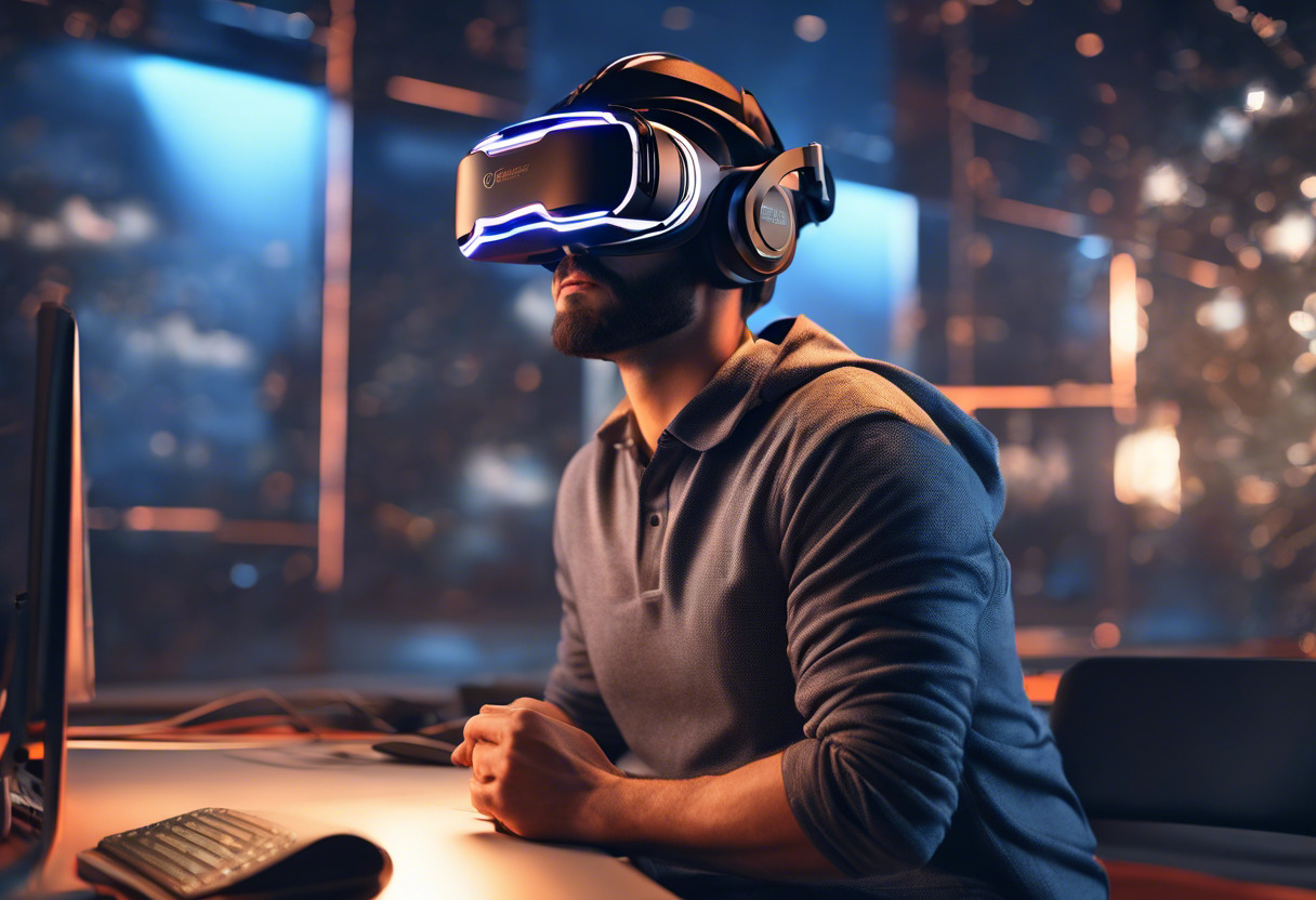 Tech enthusiast with VR headset, engrossed in an exhilarating virtual reality experience.