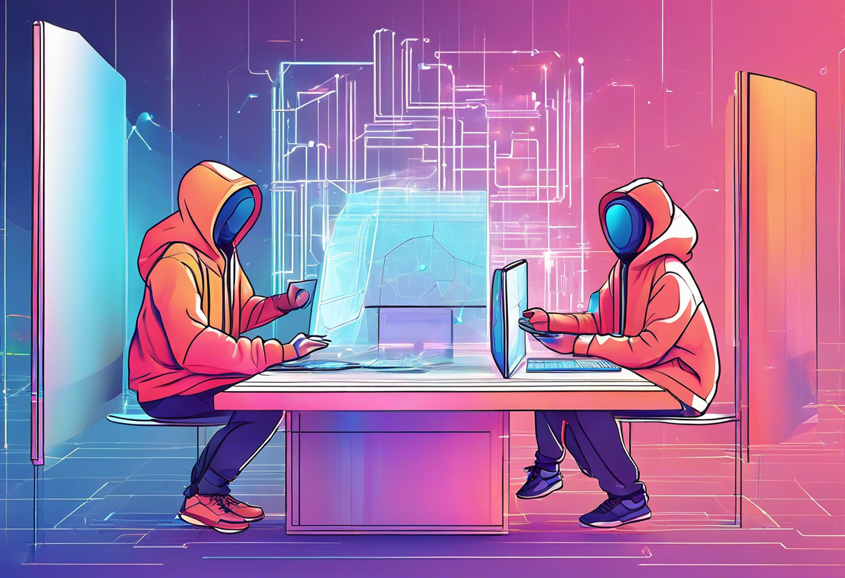 Tech enthusiasts with fervor for blockchain dressed in hoodies, interacting with a holographic display of Decentraland.