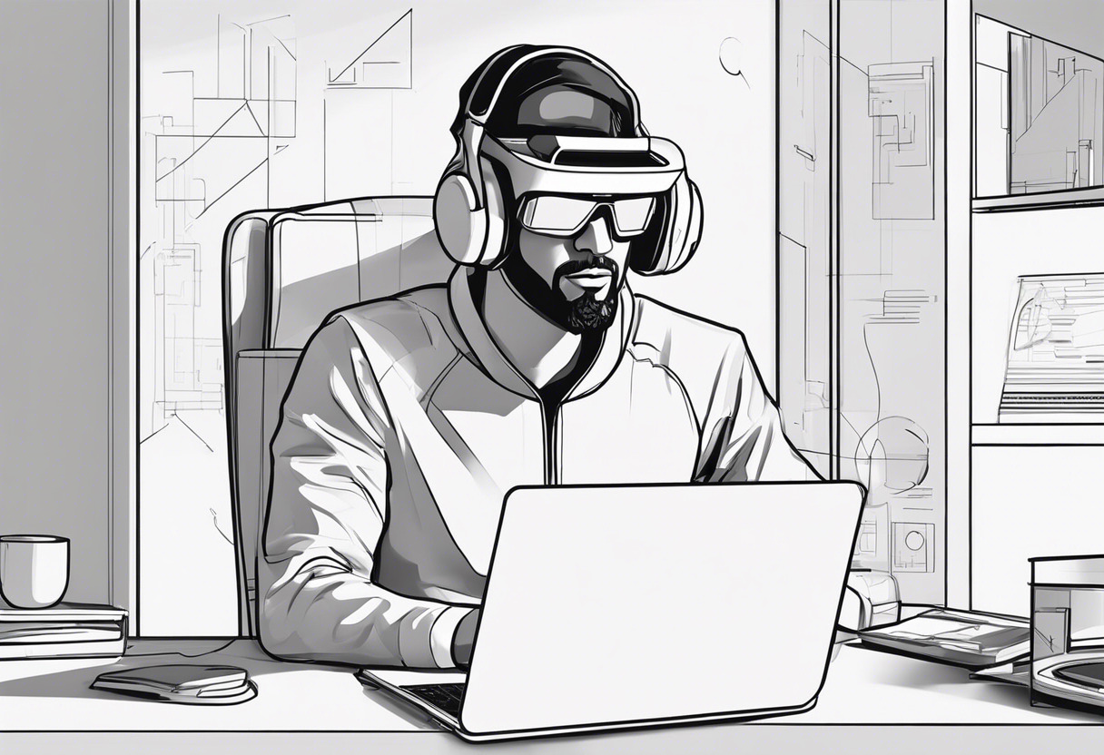 Tech game developer rigorously coding on a laptop, conceptualizing a VR game