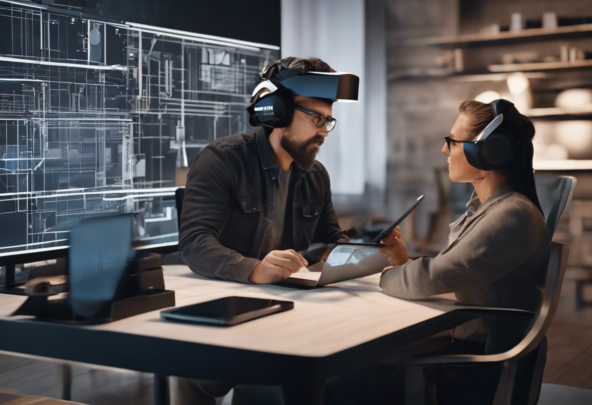 Tech innovator reviewing detailed AR blueprint through Varjo headset