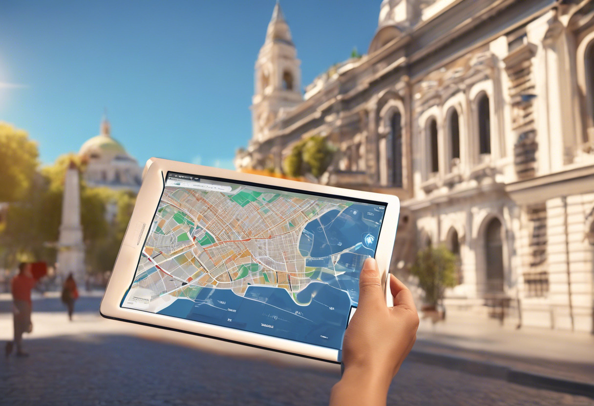 Tourist examining an AR-enhanced city map on a tablet, highlighting points of interest on a sunny day