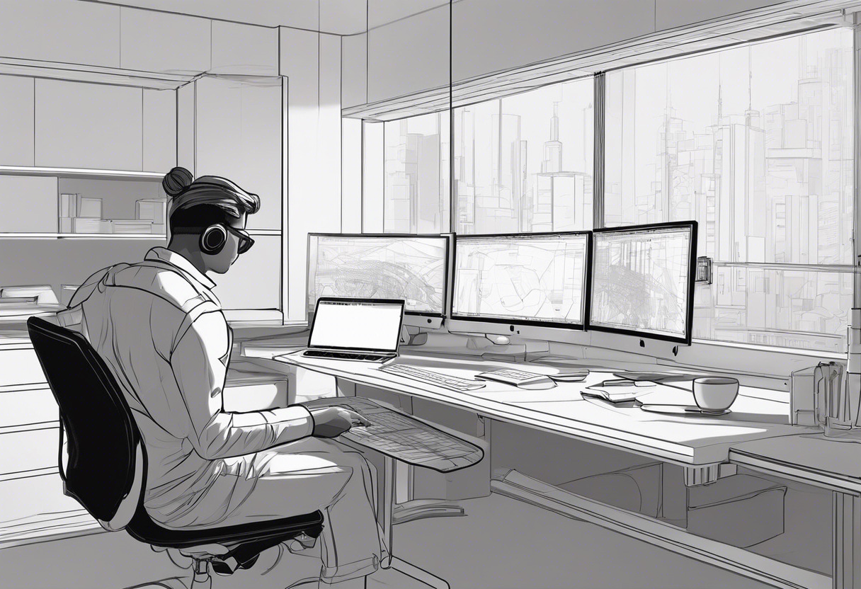 VFX artist analyzing refined character animations for a feature film in a high-tech workstation