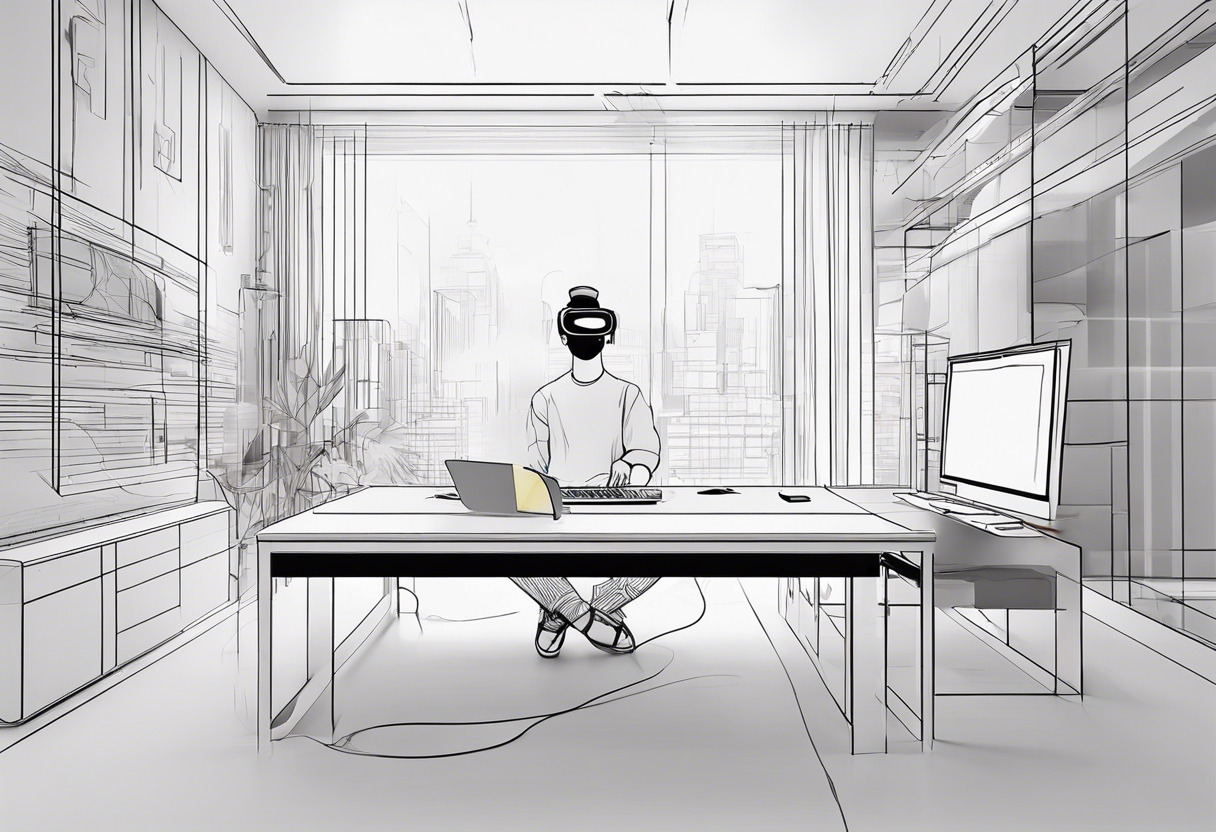 Virtual reality developer designing a 3D immersive experience in Metaverse