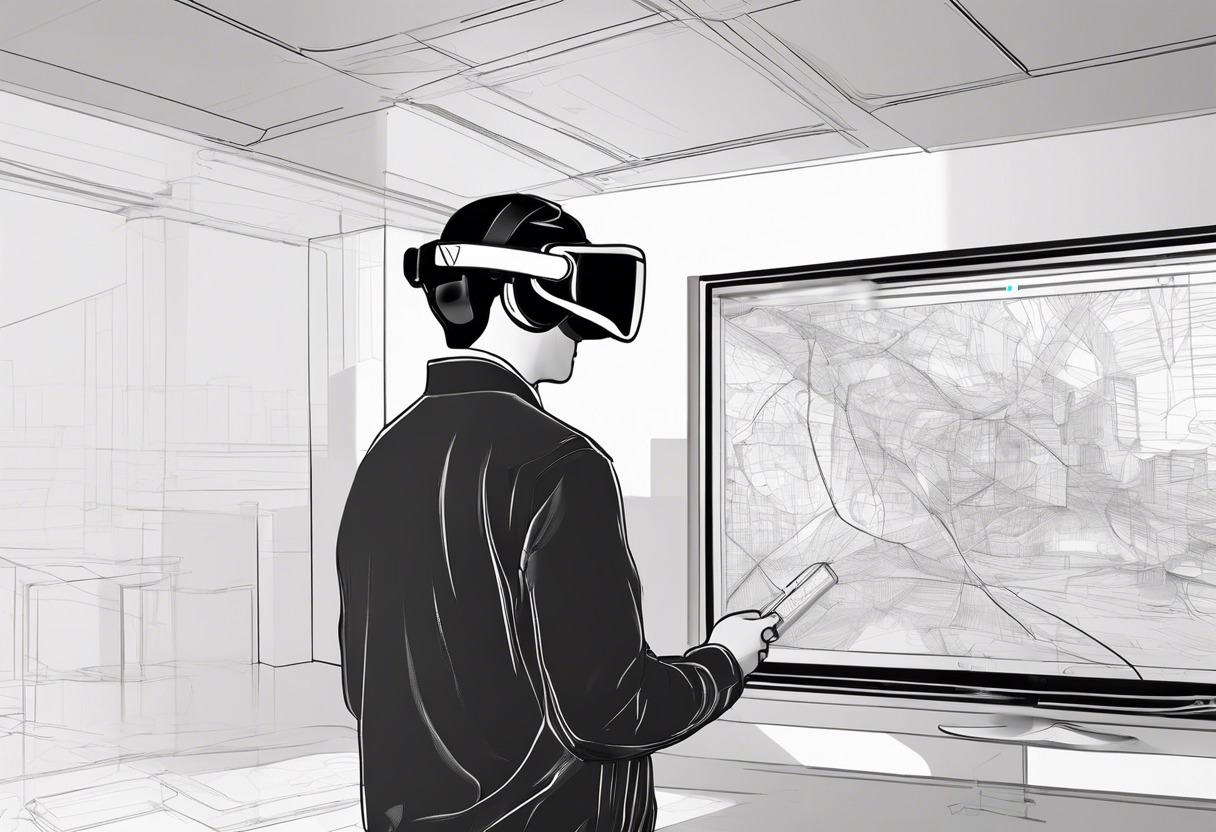 visionary developer sketching out innovative AR/VR designs, WebXR screen filled with 3D art