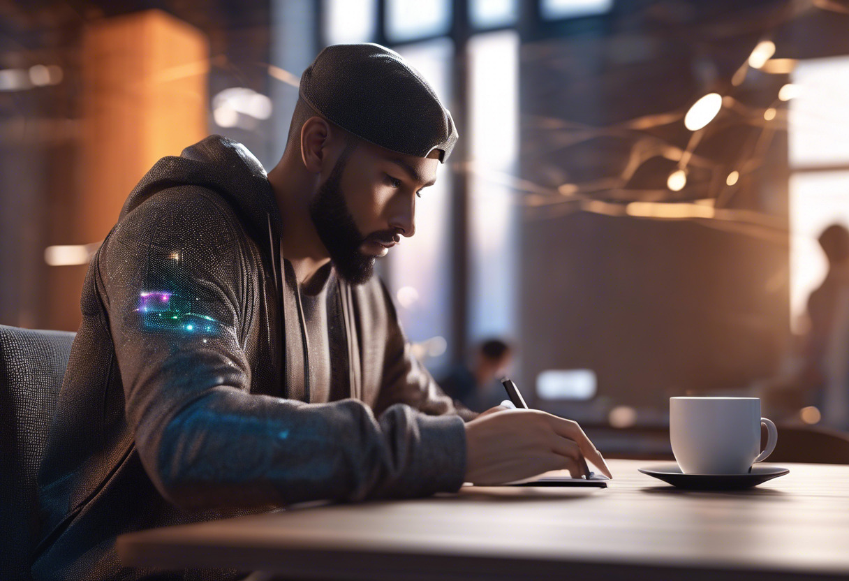 Web developer immersed in writing smart contracts and creating DApps using Ethereum Virtual Machine, amid lines of code and a cup of coffee.