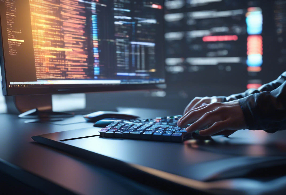 Web developer typing JavaScript code on a sleek workstation, with a web page mockup visible on a secondary screen.