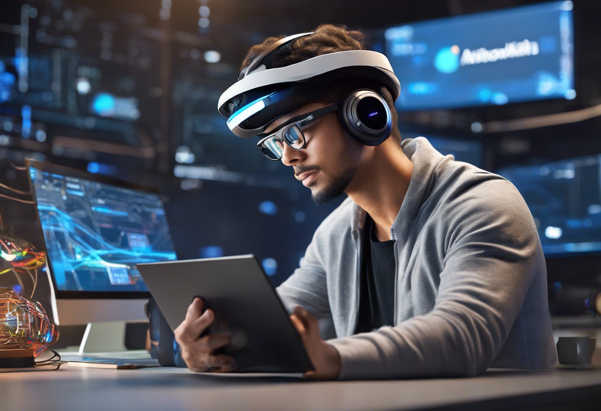 Young developer, in casual attire, eagerly coding with HoloLens devices stacked beside him on the workbench