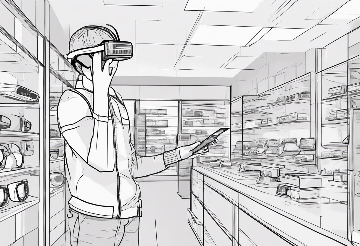 Young man at a tech store comparing two VR headsets, looking at specifications.