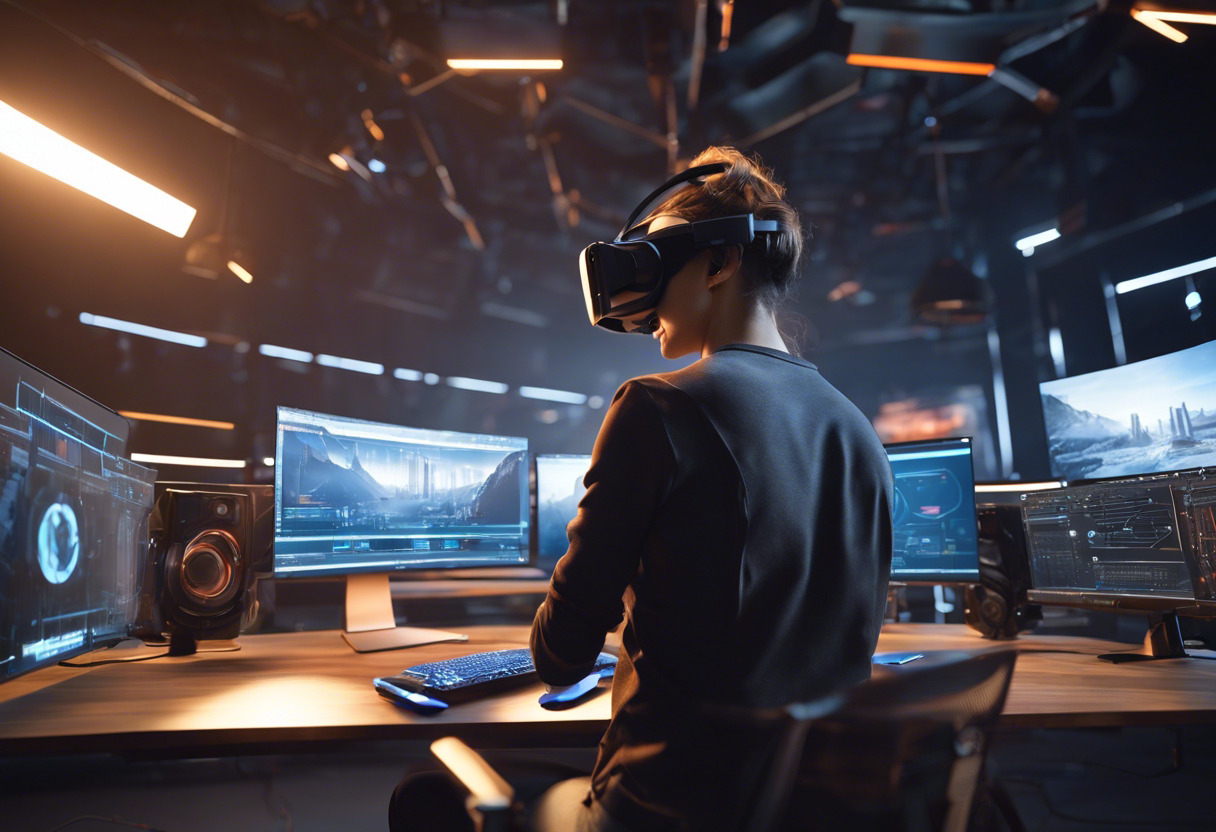 3D VR developers coding complex graphical designs on Unreal Engine in a well-equipped studio