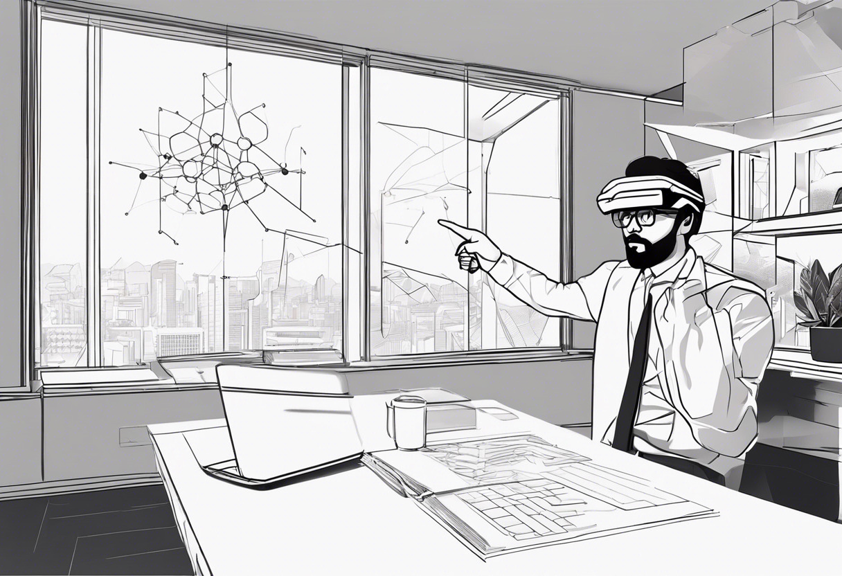 A bespectacled man wearing HoloLens 2, pointing at a 3D molecular structure projected in his home office.