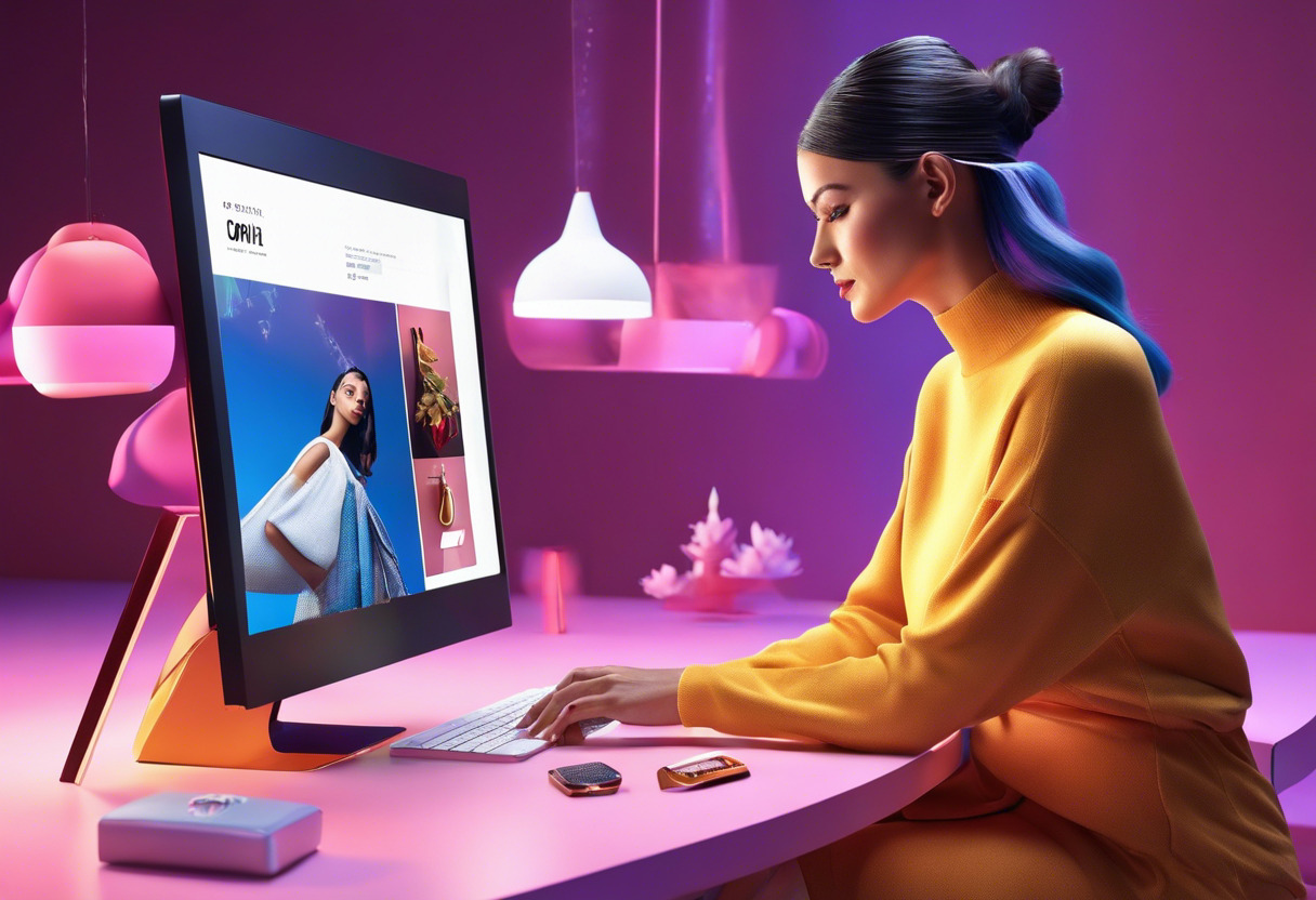 A brand marketer curates a stylish AR shopping experience on a sleek computer, a virtual beauty product line vibrant on the monitor.